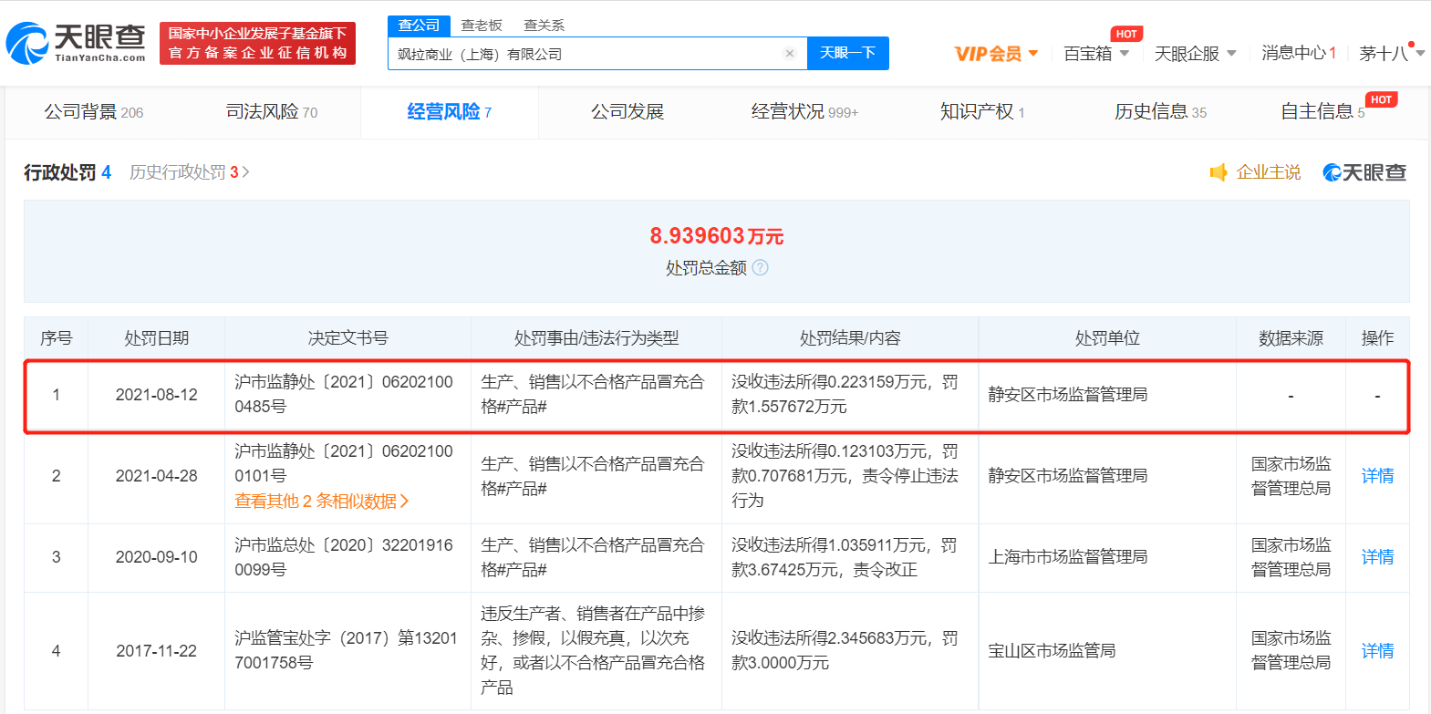 ZARA生产销售劣质牛仔裤在上海被处罚约1.56万元